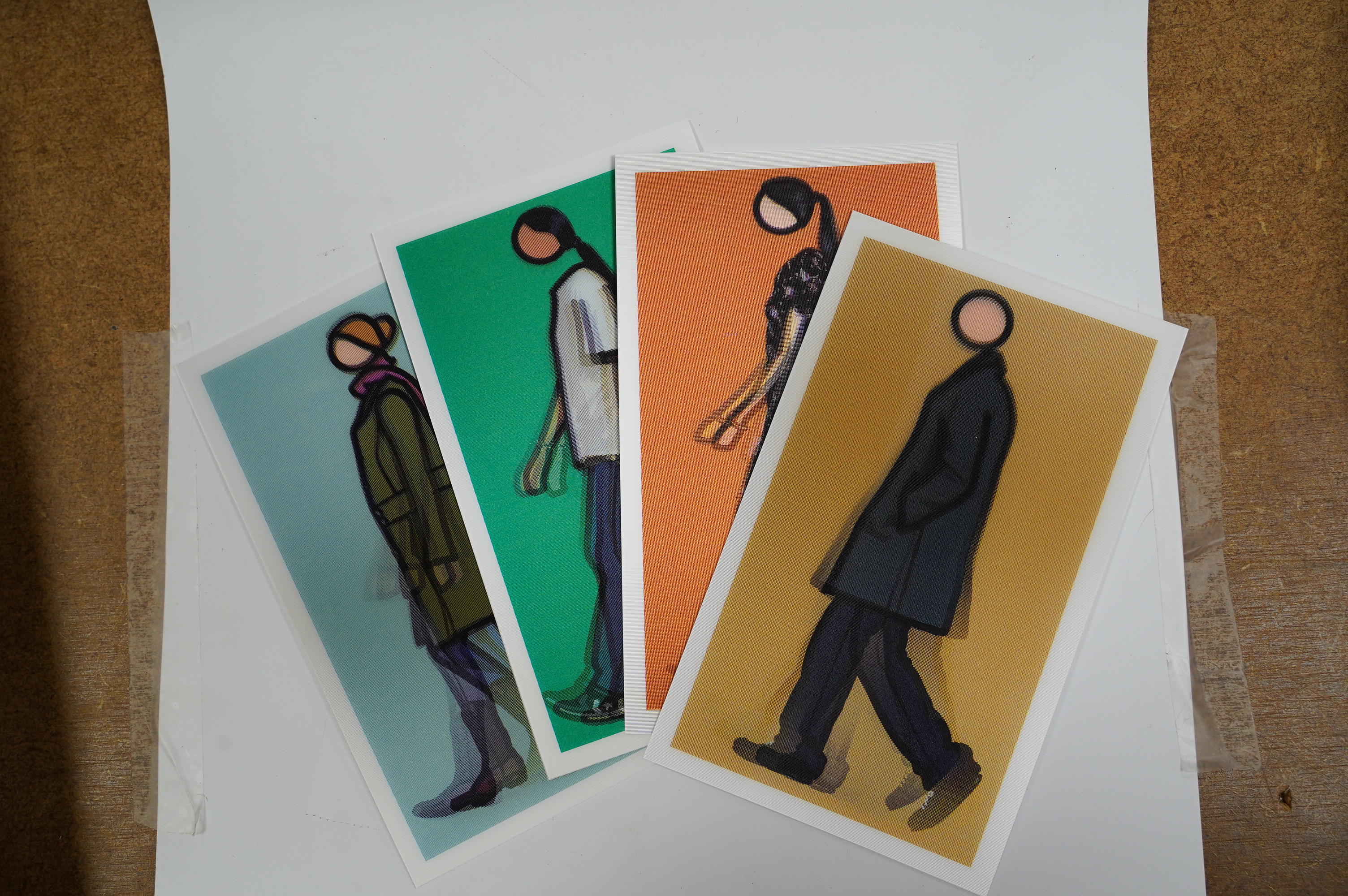 Julian Opie (British b.1958), set of four lenticular postcards, after the large lenticular works, published by Alan Cristea Gallery from an unknown edition, London; Kris Walking; Sian Walking; Jeremy Walking in Coat; Ver